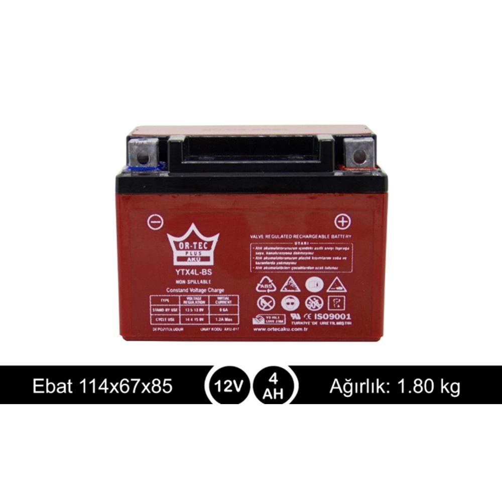 12V 4AH Yatık Akü