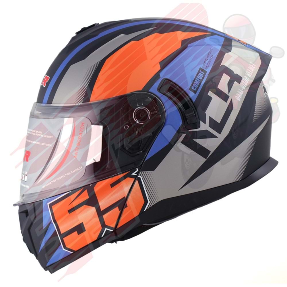 Kask Çene Açılır 166 NCR Gözlüklü (Turuncu-Mavi Grafik) (M)