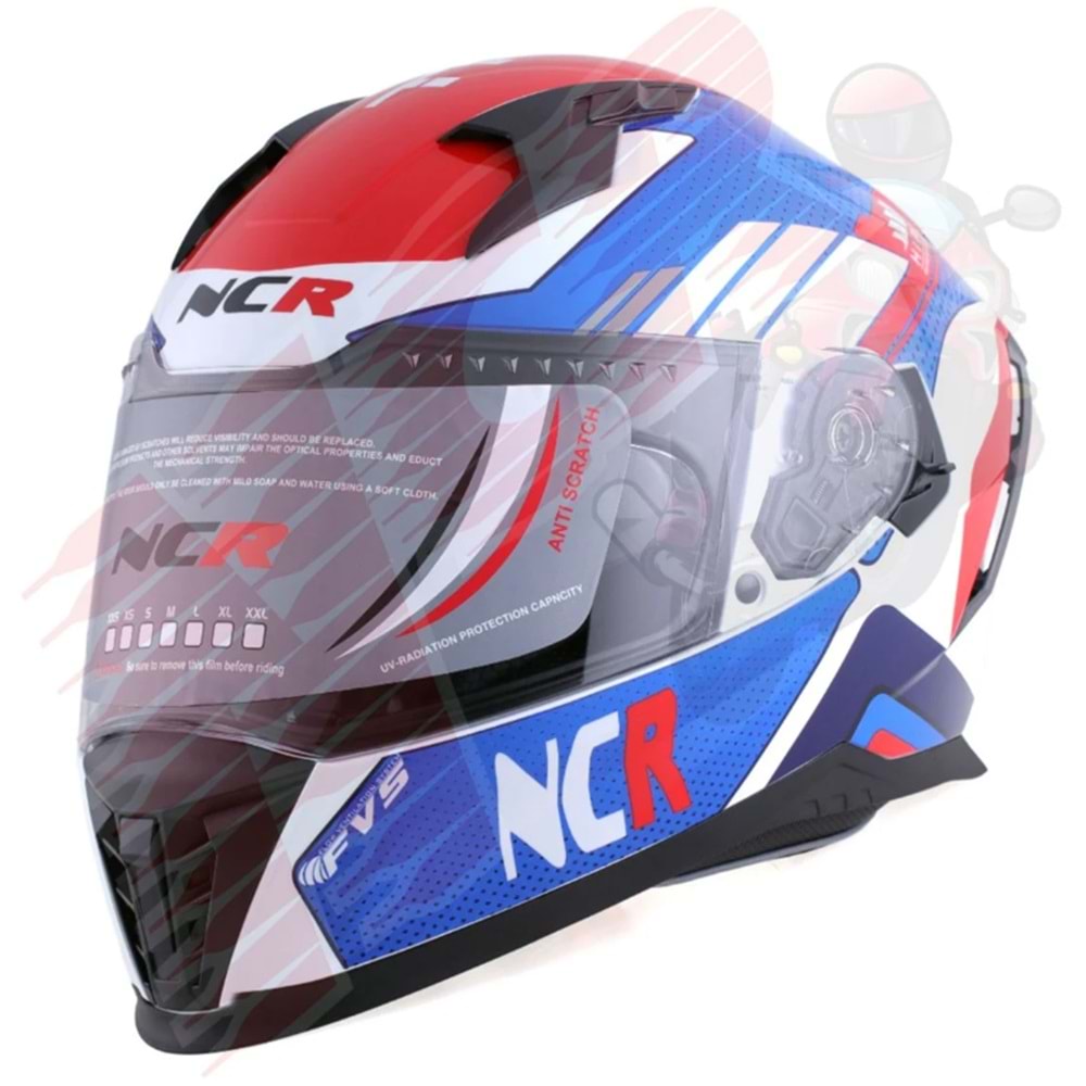 Kask Çene Sabit M69 NCR Gözlüklü (Kırmızı-Mavi Grafik) (L)