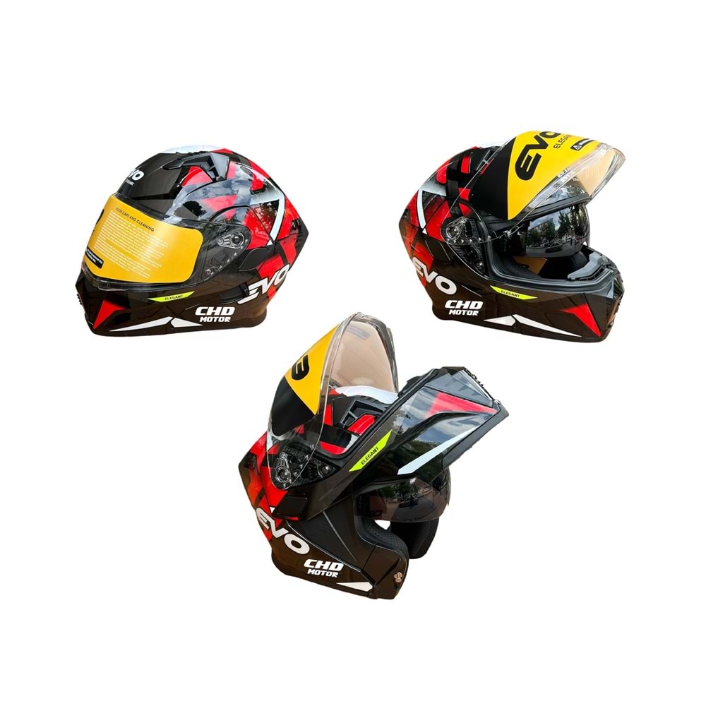 Kask Çene Açılır EVO Elegant Gözlüklü (Parlak Siyah-Gri-Kırmızı) (L)