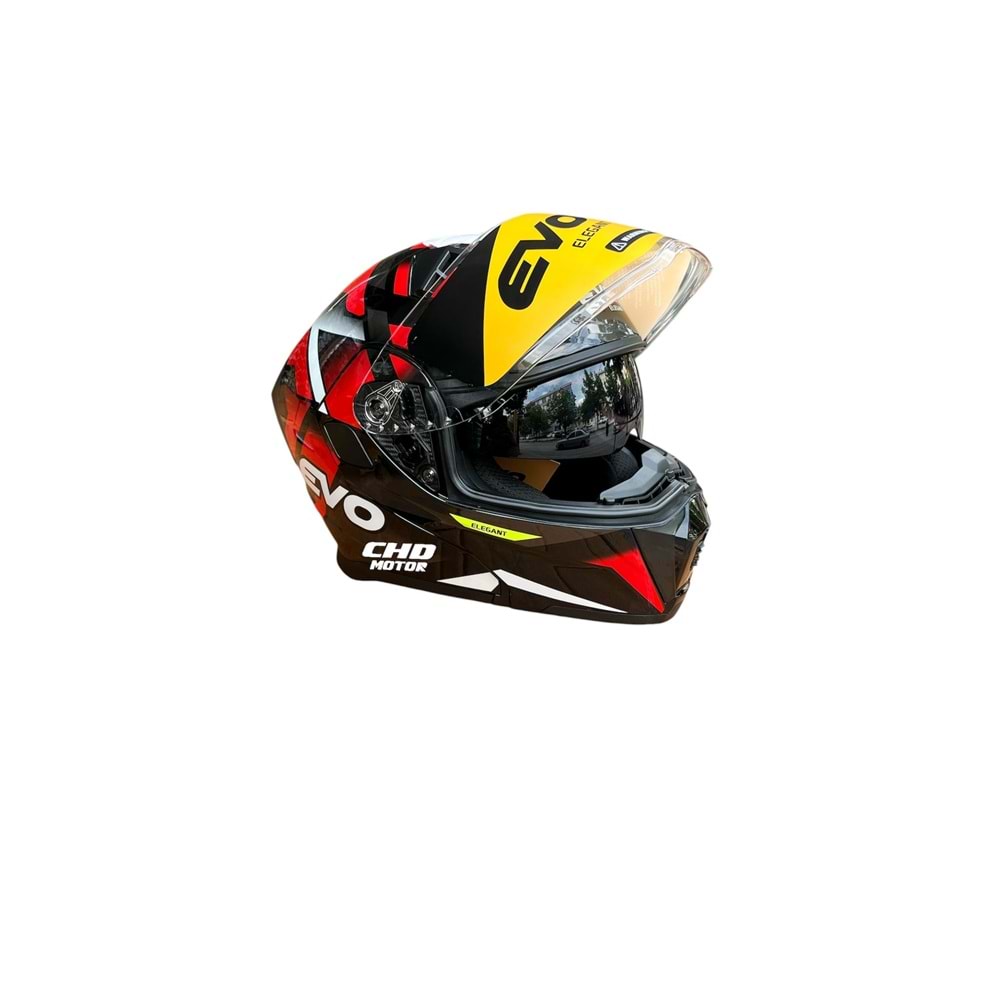 Kask Çene Açılır EVO Elegant Gözlüklü (Parlak Siyah-Gri-Kırmızı) (S)