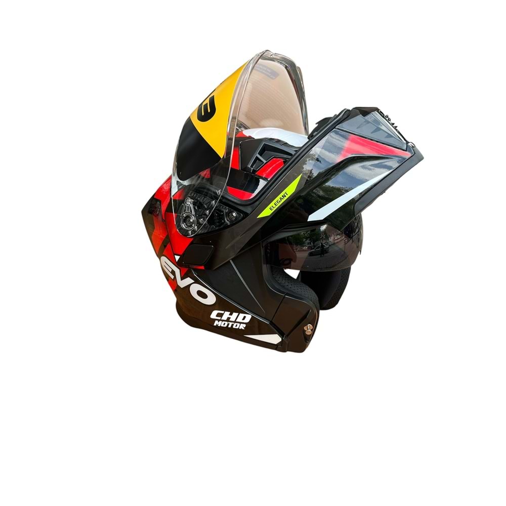 Kask Çene Açılır EVO Elegant Gözlüklü (Parlak Siyah-Gri-Kırmızı) (S)