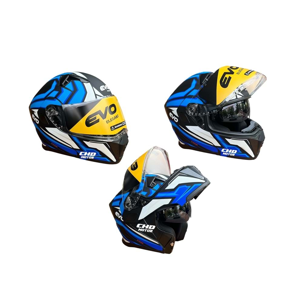 Kask Çene Açılır EVO Elegant Gözlüklü (Mat Siyah-Mavi) (M)