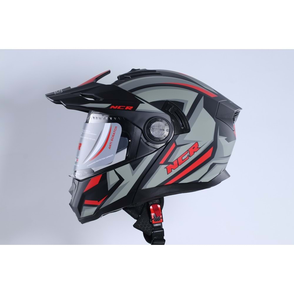 Kask Kros Çene Açılır NCR 165 Gözlüklü (Kırmızı-Gri Grafik) (XL)
