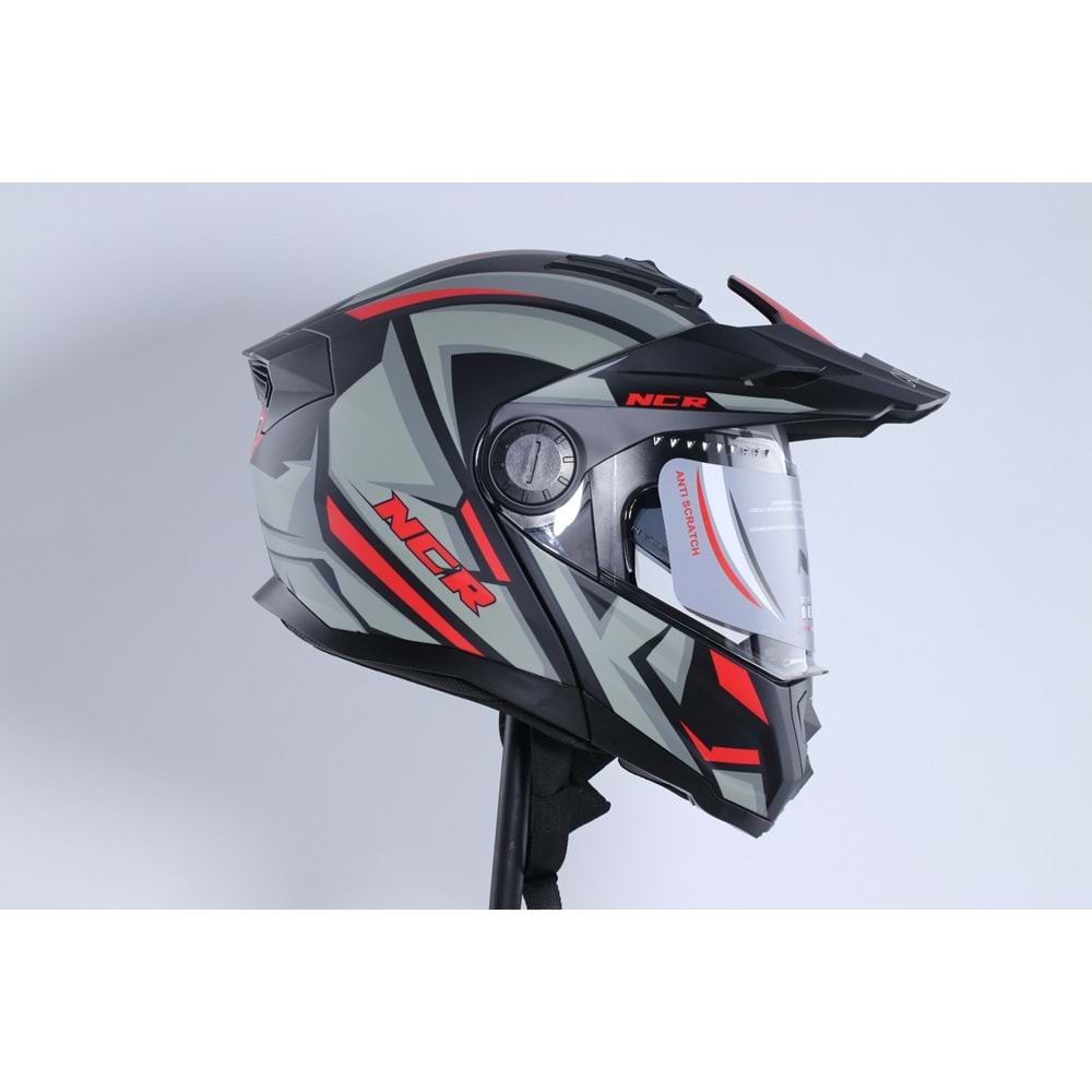 Kask Kros Çene Açılır NCR 165 Gözlüklü (Kırmızı-Gri Grafik) (XL)
