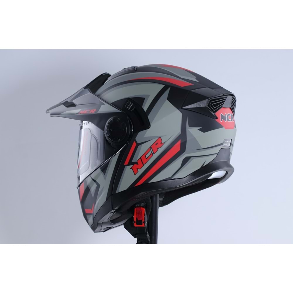 Kask Kros Çene Açılır NCR 165 Gözlüklü (Kırmızı-Gri Grafik) (XL)