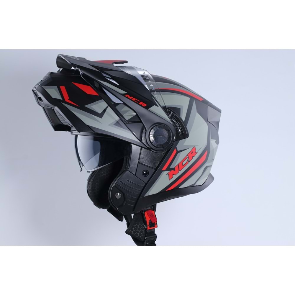 Kask Kros Çene Açılır NCR 165 Gözlüklü (Kırmızı-Gri Grafik) (XL)