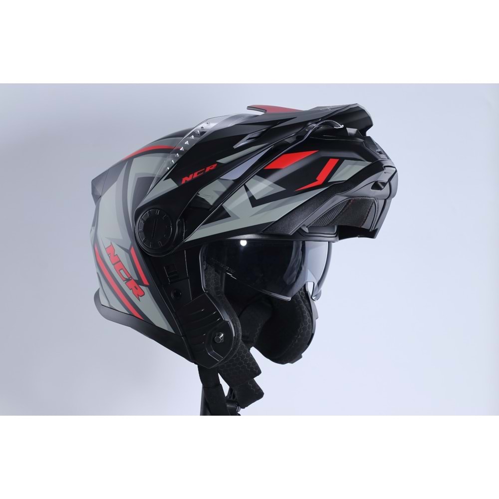 Kask Kros Çene Açılır NCR 165 Gözlüklü (Kırmızı-Gri Grafik) (XL)