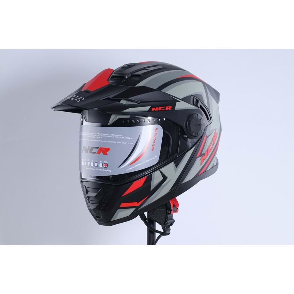 Kask Kros Çene Açılır NCR 165 Gözlüklü (Kırmızı-Gri Grafik) (XL)