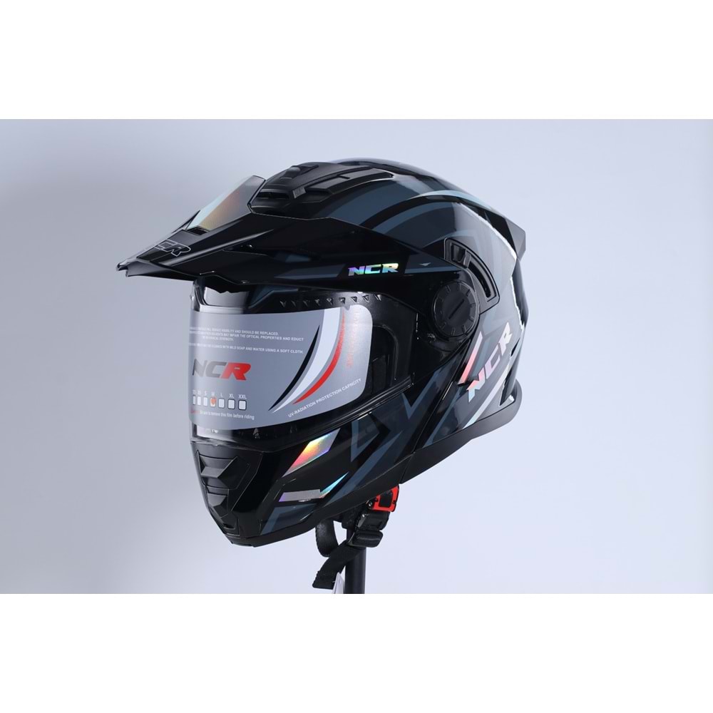 Kask Kros Çene Açılır NCR 165 Gözlüklü (Gümüş-Gri Grafik) (M)