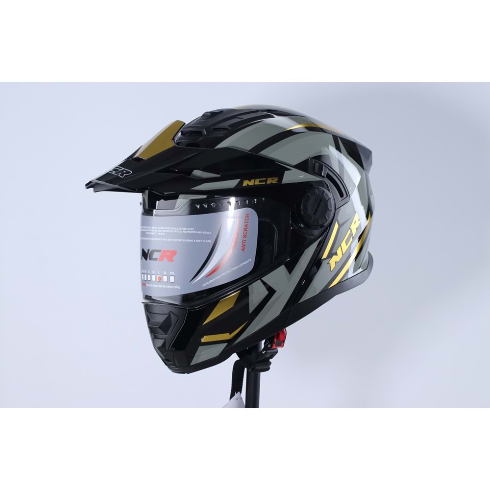 Kask Kros Çene Açılır NCR 165 Gözlüklü (Sarı-Gri Grafik) (XXL)
