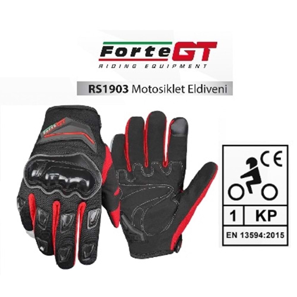Motor Eldiven Korumalı FORTE GT RS1903 (Siyah-Kırmızı) (EN 13954 kodlu) (XL)