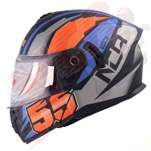Kask Çene Açılır 166 NCR Gözlüklü (Turuncu-Mavi Grafik) (M)