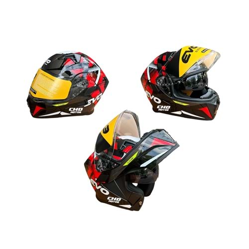 Kask Çene Açılır EVO Elegant Gözlüklü (Parlak Siyah-Gri-Kırmızı) (S)