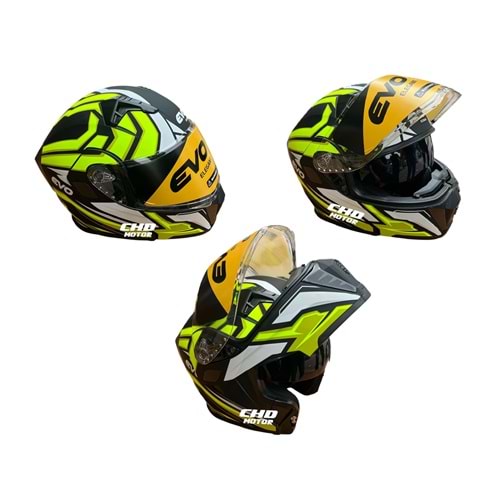 Kask Çene Açılır EVO Elegant Gözlüklü (Mat Siyah-Sarı) (M)