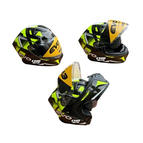 Kask Çene Açılır EVO Elegant Gözlüklü (Parlak Siyah-Gri-Sarı) (S)