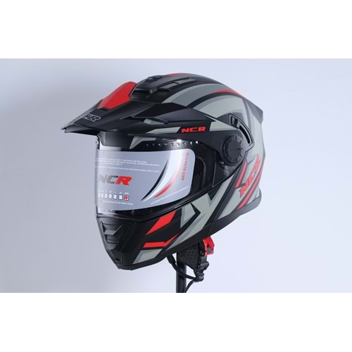 Kask Kros Çene Açılır NCR 165 Gözlüklü (Kırmızı-Gri Grafik) (XL)