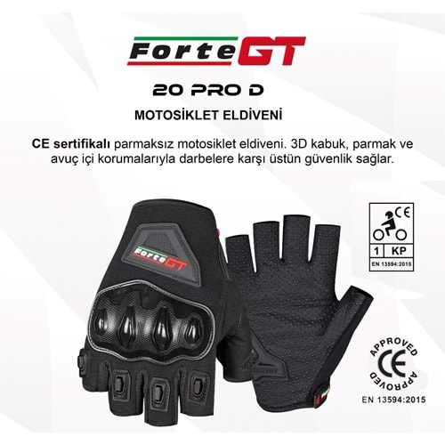 Motor Eldiven Korumalı FORTE GT 20 PRO Parmaksız (EN 13954 kodlu) (XL)